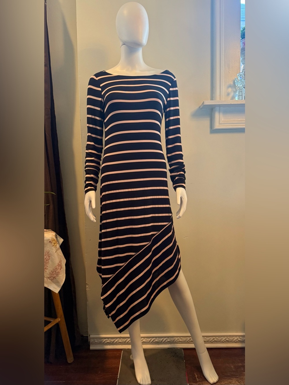 Ella Moss Black and Light Pink Stripe Asymmetrical Hem Long Sleeve Dress